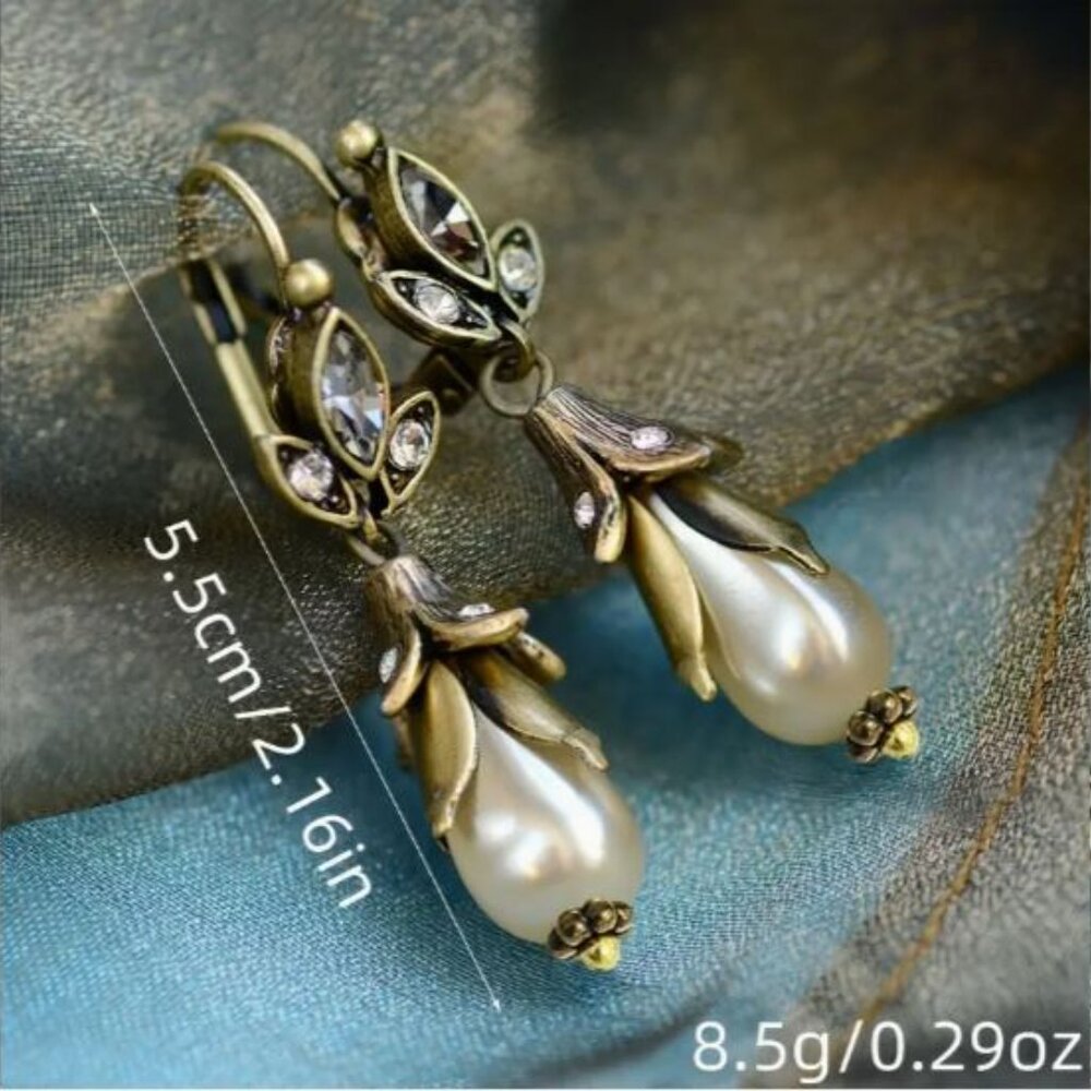 NEW Art Nouveau Antique Gold Pearl Drop Earrings - Picture 4 of 4